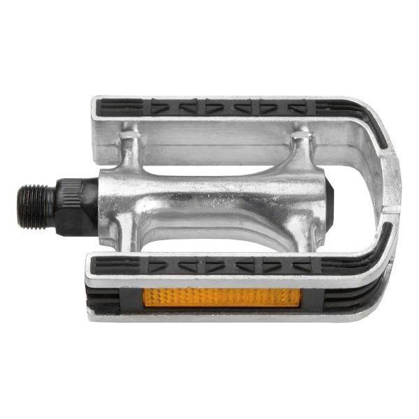 Aluminium M-Wave fietspedalen met zilveren afwerking en antisliprubber voor veilig trapgedrag.