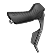 Zwarte Sram Red AXS E1 12/13-speed hydraulische shifters met carbon handgrepen, zichtbaar van de rechterkant