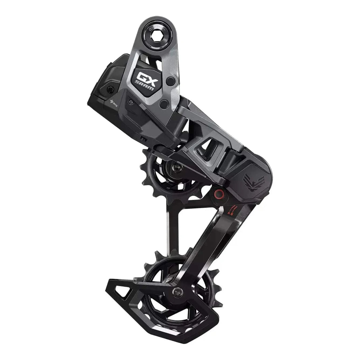 Sram GX Eagle T AXS achterderailleur voor mountainbikes, zichtbaar vanaf de zijkant, zwart met metalen onderdelen