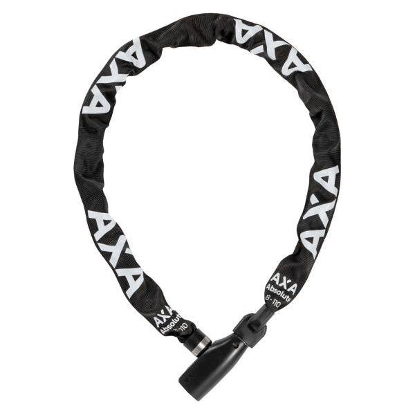 Zwart Axa Absolute kettingslot met 110 cm lengte en 8 mm dikte, stevig slot voor beveiliging van fietsen of eigendommen.