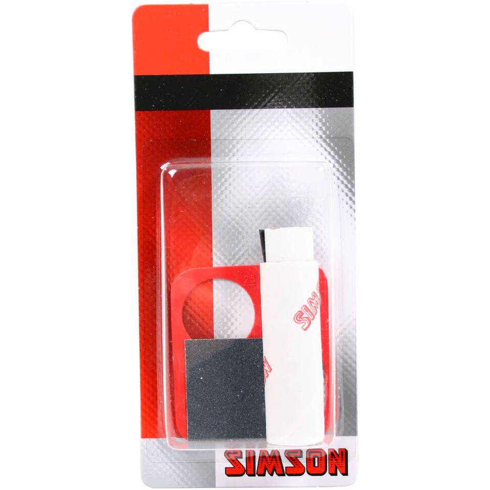 Simson bandenreparatieset met rol en sjabloon, 7x20 cm, voor het herstellen van fietsbanden, zichtbaar in de afbeelding.