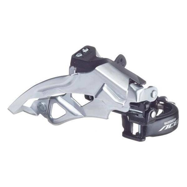 Shimano Acera FD-T3000-TS3 voorderailleur top swing dual pull 3x9-speed, zichtbaar met derailleur en kabelaansluiting