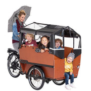 Babboe Max-E regentent in zwart, waterdicht en waterafstotend, ontworpen voor kinderbakfietsen, zichtbaar op de afbeelding.
