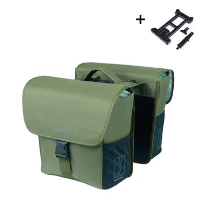 Groene Basil dubbele fietstas GO MIK met 32 liter inhoud en afmetingen 14x27x31 cm, geschikt voor fietsaccessoires.