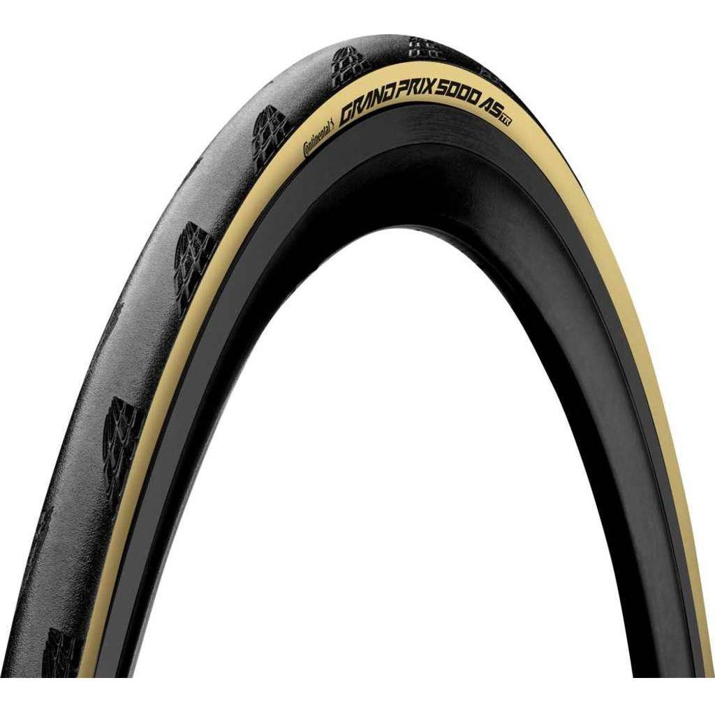 Zwarte 28-inch Continental Grand Prix 5000 Vectran Breaker racefiets buitenband, vouwband met crème details en 25 mm breedte