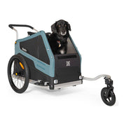 Burley Bark Ranger XL hondenfietskar in zwart en blauw, geschikt voor honden, met ruime cabine en stevige constructie.