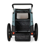 Burley Bark Ranger XL hondenfietskar in zwart en blauw, geschikt voor honden, zichtbaar met ruggedeelte en wielen.