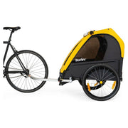 Burley Bee enkele kinderfietskar in geel en zwart, geschikt voor één kind, zichtbaar met frame en wielen.