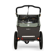 Zweedelige kinderfietskar van Burley D'lite X in sage groen en charcoal grijs, met verstelbare vering voor comfortabel vervoer