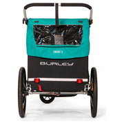 Turquoise Burley Encore X kinderfietskar met inklapbaar ontwerp en vering, geschikt voor twee kinderen.