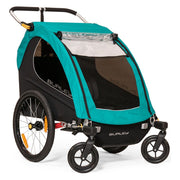Burley Encore X kinderfietskar voor 2 kinderen in turquoise, inklapbaar met vering, geschikt voor comfortabel fietsen.