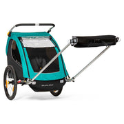 Burley Encore X kinderfietskar voor 2 kinderen, inklapbaar met vering, turquoise kleur, geschikt voor veilige fietstochten