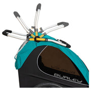 Burley Encore X kinderfietskar voor 2 kinderen met inklapbaar design en vering, turquoise kleur, geschikt voor comfortabele fietstochten