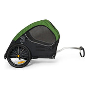 Burley Tail Wagon hondenfietskar in groen en zwart met 16-inch wielen, geschikt voor huisdieren, ideaal voor fietsen en reizen.