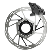 Zwart Sram Force Axs E1 12/13V hydraulische rem- en schakelgreep met carbon afwerking en polijste caliper en laser-geslepen rotor
