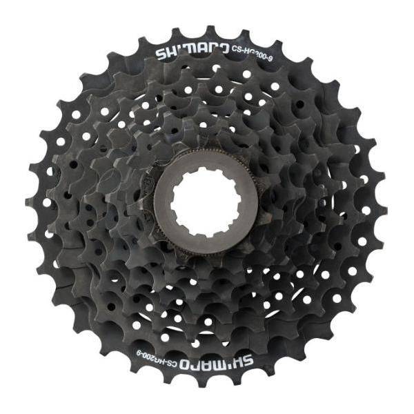 Shimano Acera CS-HG200 9-speed cassette met metalen tanden en zwart ontwerp, geschikt voor mountainbikes en racefietsen