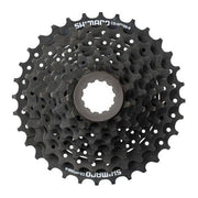 Shimano Acera CS-HG200 9-speed cassette met metalen tanden en zwart ontwerp, geschikt voor mountainbikes en racefietsen