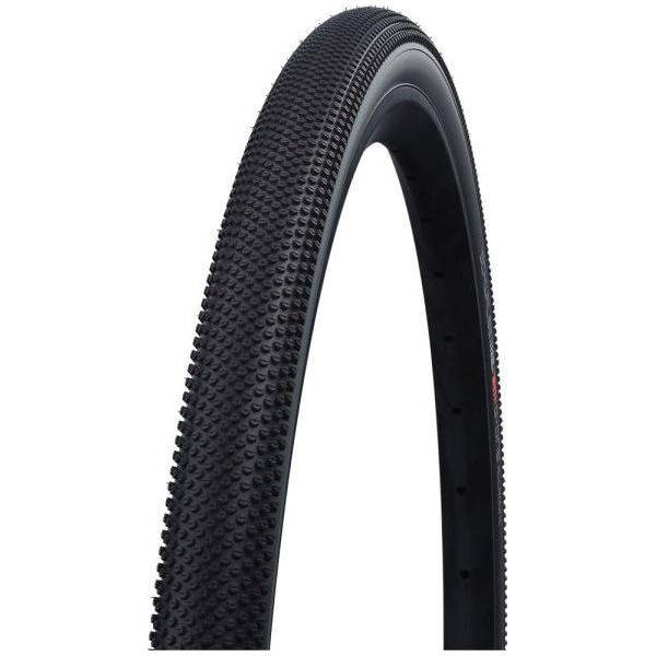 Zwarte Schwalbe G-One Allround Raceguard vouwband voor gravel, 27.5x2.80 inch, zichtbaar met profiel en merklogo.