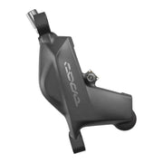 Zwarte Sram Code Bronze remklauw met zilveren afdichting en zwarte bevestigingsonderdelen, geschikt voor mountainbikes.