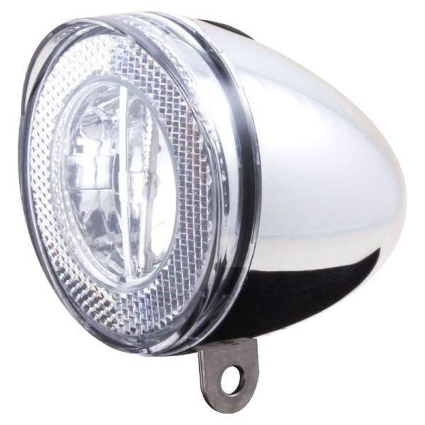 Spanninga Swingo XB fietslamp met chroom behuizing en 4 lux batterijverlichting, zichtbaar van voren.