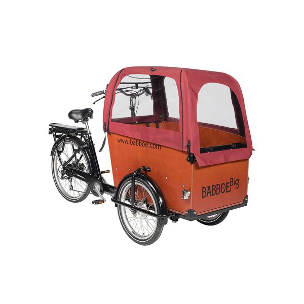 Babboe Big Docril regenbestendige fietsbankhoes met YKK-ritsen in rood, beschermt tegen regen en wind.