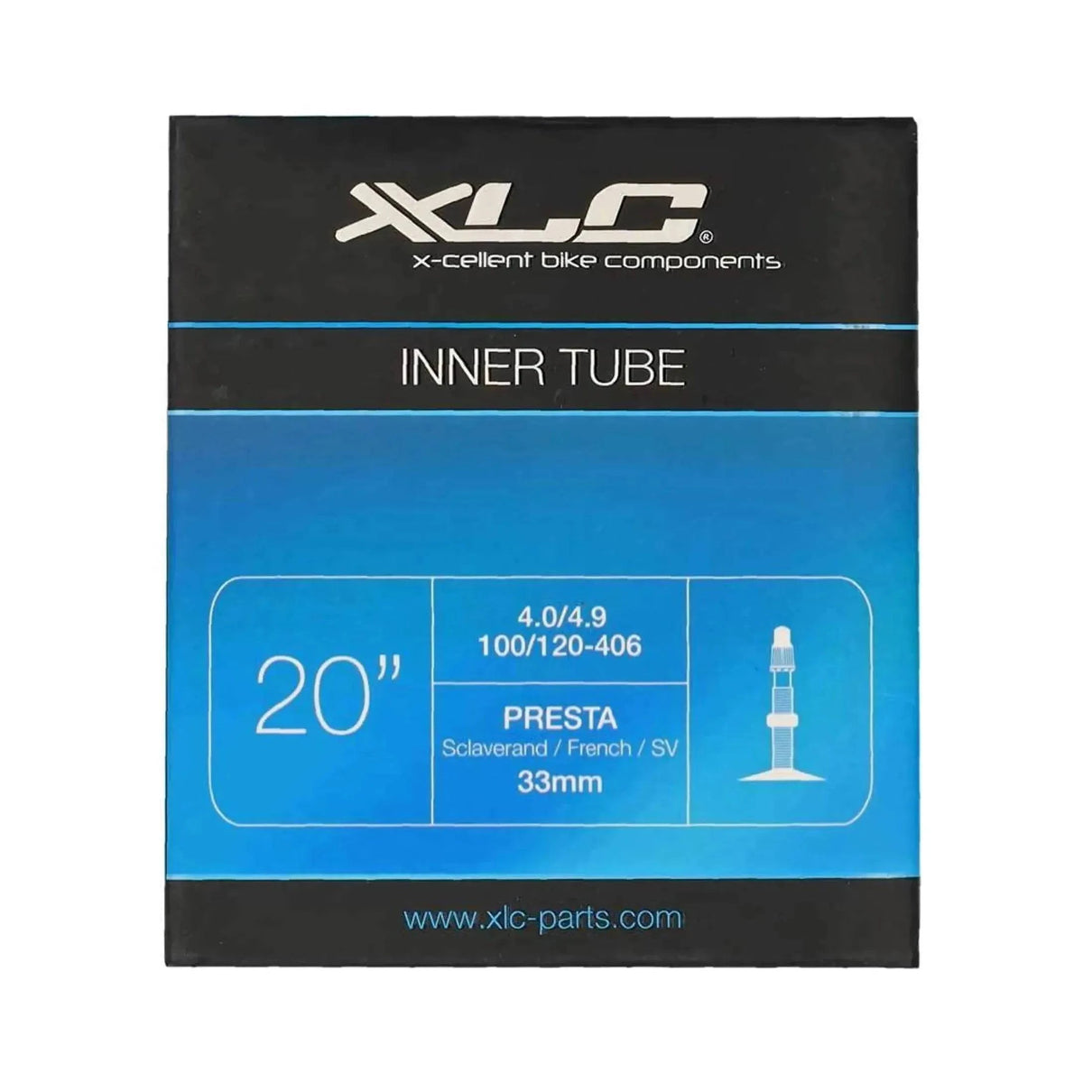 Binnenband 20 inch van XLC met afmeting 20x400-490 mm en 33 mm profiel, geschikt voor fietsbanden, zichtbaar in de afbeelding.