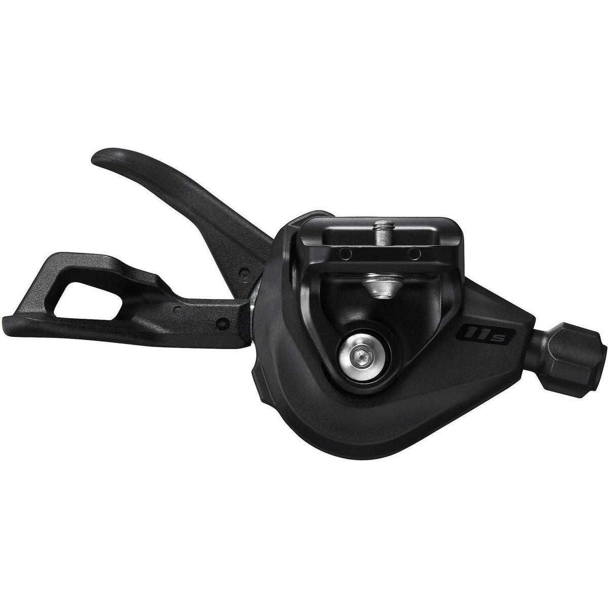 Shimano Sl-M5100 11-speed rechts schakelversteller I-Spec EV Rapidfire Plus voor mountainbike, close-up van de shifter in gebruik