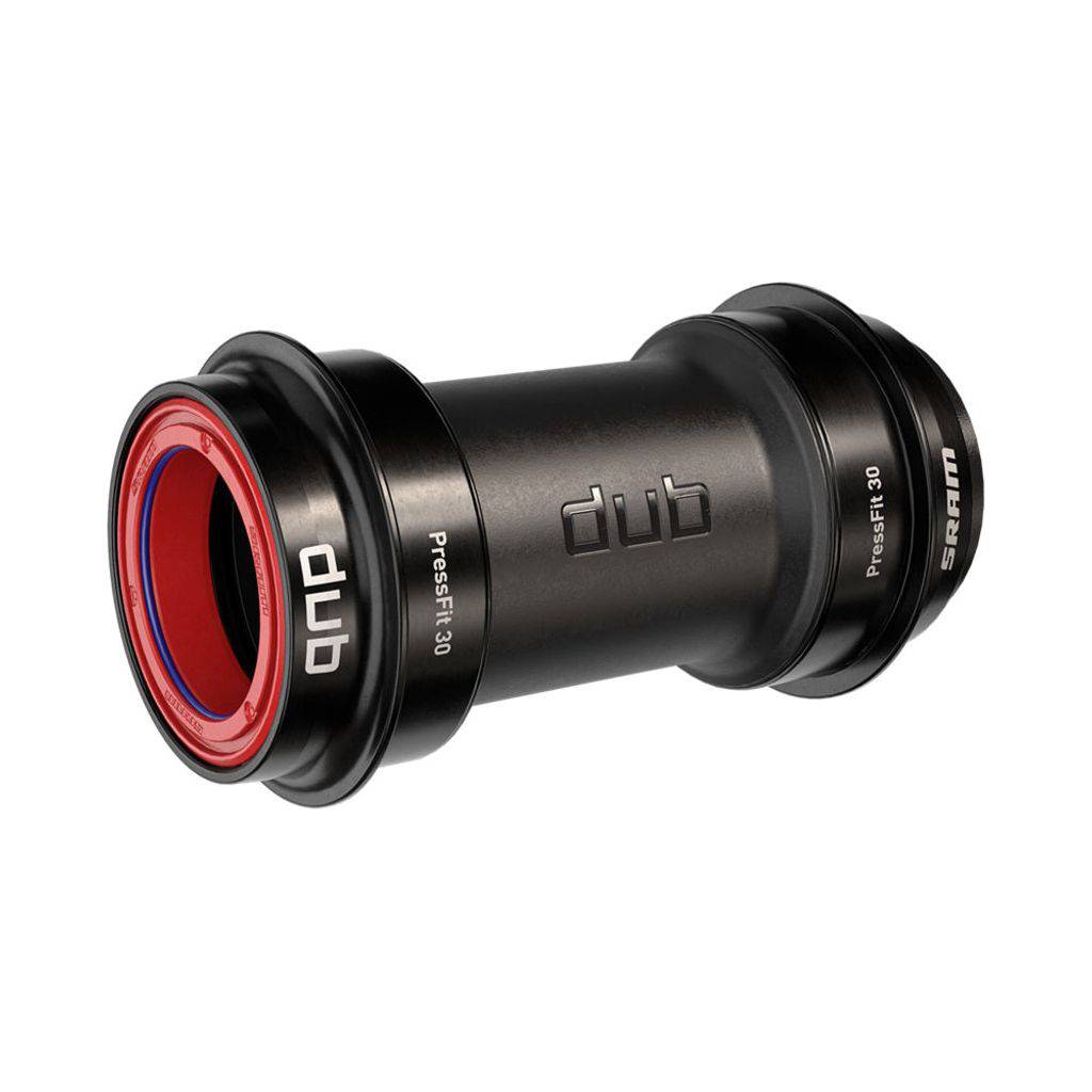 Zwarte Sram Trapas Cupset Dub Race Ceramic 73mm Pressfit 30, zichtbaar in close-up, met metalen onderdelen en keramische lagers.