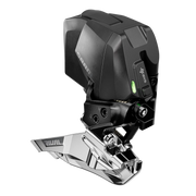 Sram Rival Axs E1 12V voorderailleur van aluminium in zwart, zichtbaar met montageschroeven en kabelaansluiting.