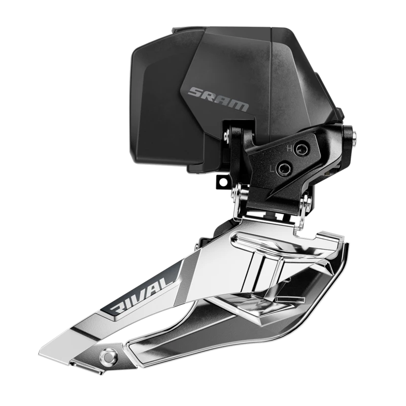 Sram Rival Axs E1 12V voorderailleur in zwart, aluminium, zichtbaar van de rechterkant, voor elektronische schakeling.