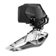 Sram Rival Axs E1 12V voorderailleur in zwart, aluminium, zichtbaar van de rechterkant, voor elektronische schakeling.