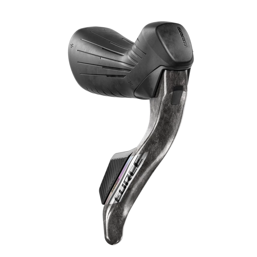 Sram Force Axs E1 12/13V hydraulische rem- en schakelgreep in zwart, carbon, voor 12-speed shifters, close-up van de handgreep