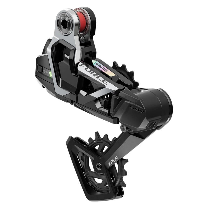 Sram Force Xplr Axs achterderailleur 13-speed in zwart met maximale 46T capaciteit, zichtbaar vanaf de zijkant.