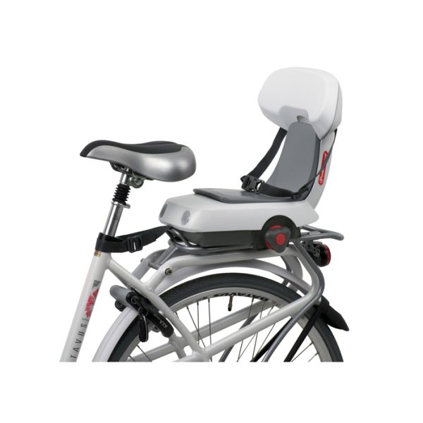 Polisport Guppy Junior achter kinderzitje op fiets, comfortabele en veilige fietsstoel voor jonge kinderen.