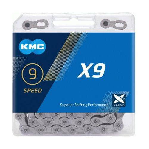 KMC X9 9-speed ketting met 114 schakels in grijs, geschikt voor fietstransmissies en 9-speed systemen.