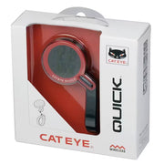 Cateye Quick CC-RS100W draadloze fietscomputer met geïntegreerde mount, zwart en rood, toont snelheid en afstand op fiets.