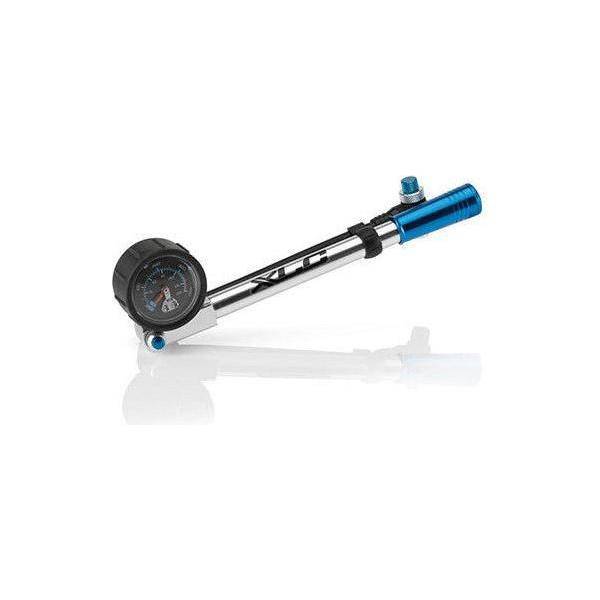 XLC aluminium voorvorkpomp met manometer, 409 gram, 27,2 x 350 mm, setback 15 mm, voor suspensie en luchtvering