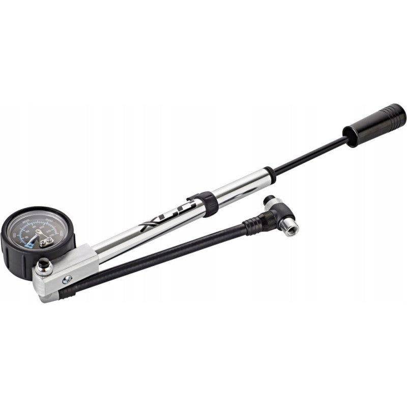 XLC HighAir Pro PU-H03 voorvorkpomp met manometer, aluminium, zilver en zwart, voor het oppompen van voorvorken en vering.