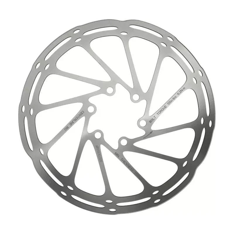 Zilveren Sram Centerline remschijf van 180 mm met afgeronde rand, geschikt voor krachtige mountainbikes of racefietsen.