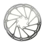 Zilveren Sram Centerline remschijf van 180 mm met afgeronde rand, geschikt voor krachtige mountainbikes of racefietsen.