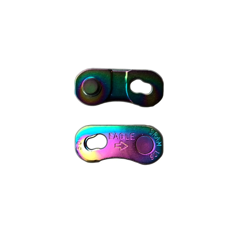 Set van vier Sram Powerlock 12V kettingschakels voor 11/128 inch kettingen, zichtbaar op regenboogsides achtergrond.