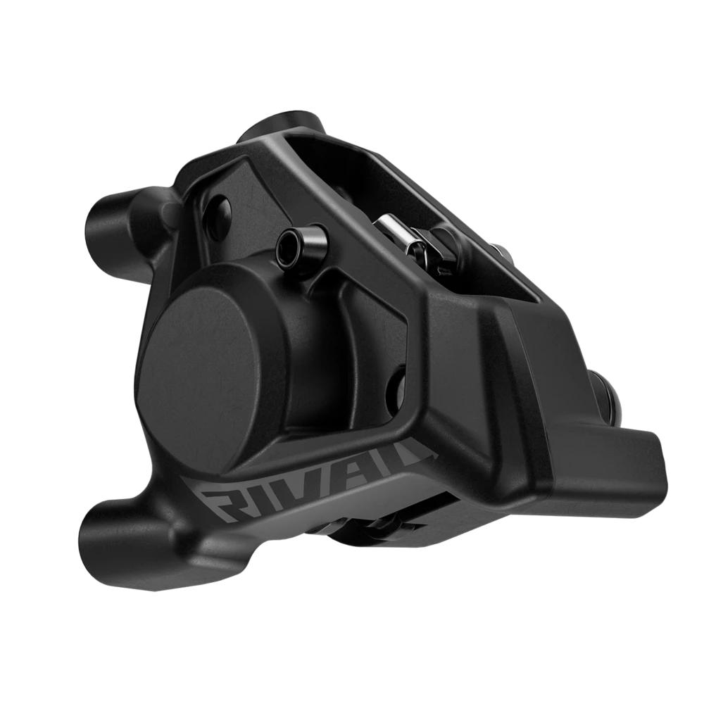 Zwart Sram Rival AXS E1 12/13V hydraulische shifters voor racefietsen, met carbon handgrepen en uitwendige kabeluitgang.