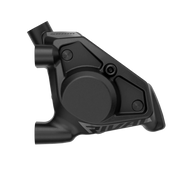Zwarte Sram Rival AXS E1 12/13V hydraulische shifters voor racefiets met carbon handgrepen, rechterzijde, close-up.