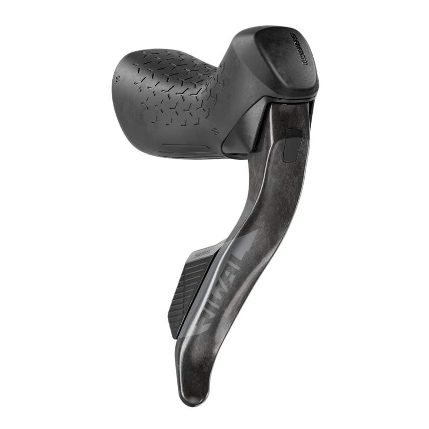Zwart Sram Rival AXS E1 12/13V hydraulische shifters met carbon handgrepen, voor soepele 12-speed schakeling.