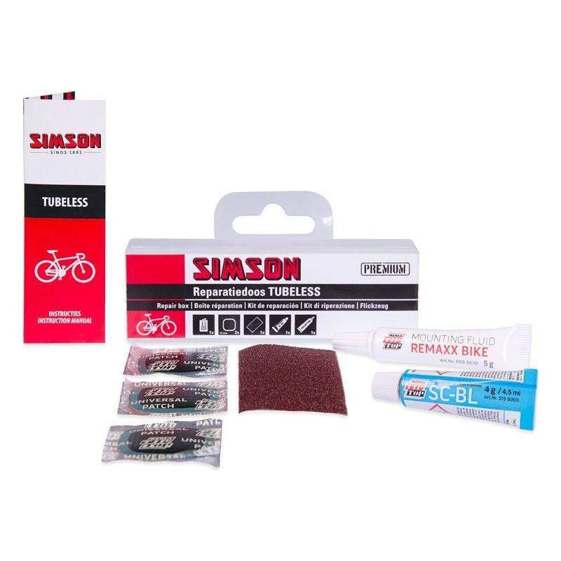 Simson reparatiedoos tubeless voor bandreparaties, inclusief reparatiesetjes voor fietsen en scooters.