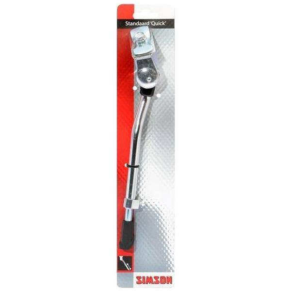 Simson standaard "Quick" voor fiets, stevig en zwart, bevestigd aan de onderkant van de fiets voor stabiliteit.
