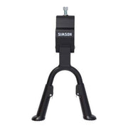 Dubbele standaard voor Simson motorfiets met twee poten, zwart metalen frame en stevige constructie.