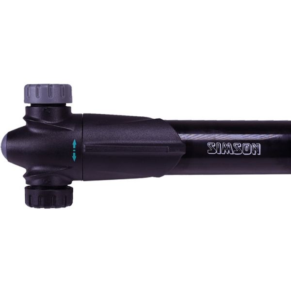 Simson minipomp 'Excellent' met metalen behuizing en bedieningsknoppen, geschikt voor fietsbanden en kleine inflatieklussen.