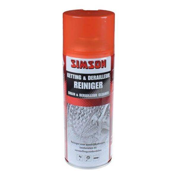 Simson ketting- en derailleurreiniger spray van 400ml, smeermiddel voor fietscomponenten, zichtbaar in de afbeelding.
