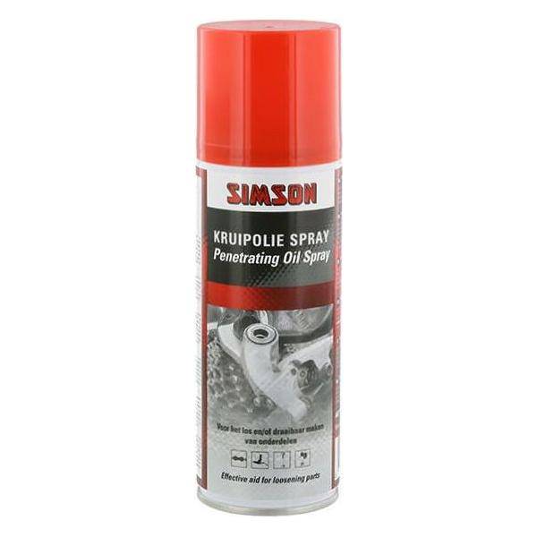 Simson Kruipolie spray 200ml, smeermiddel voor smeer- en onderhoudswerkzaamheden, afbeelding van de fles en spray.